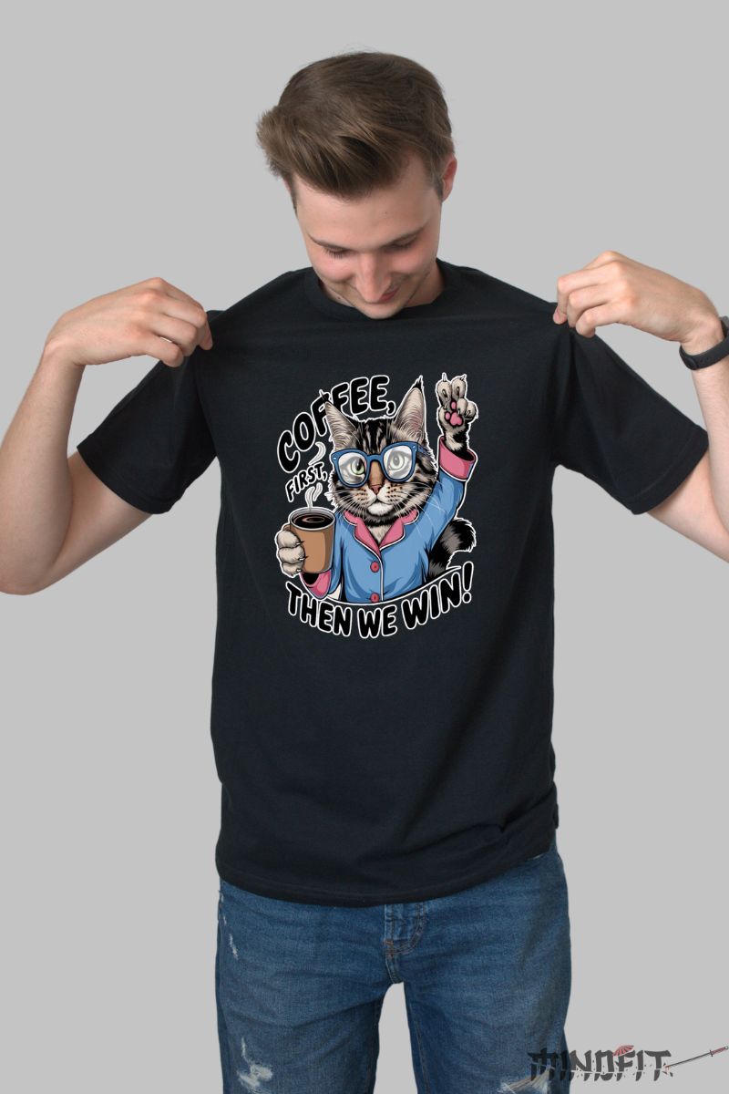 Tricou Pisica "Coffee Power" barbat negru fata