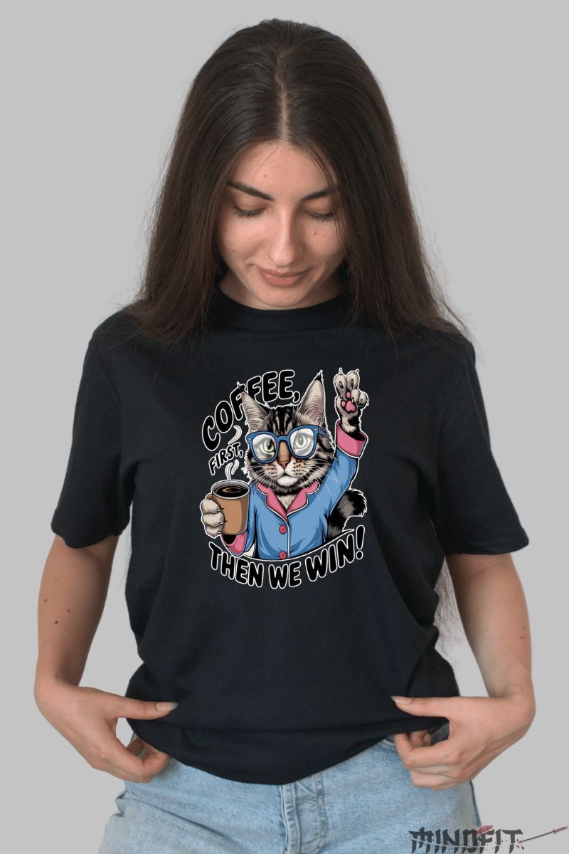 Tricou Pisica "Coffee Power" dama negru fata