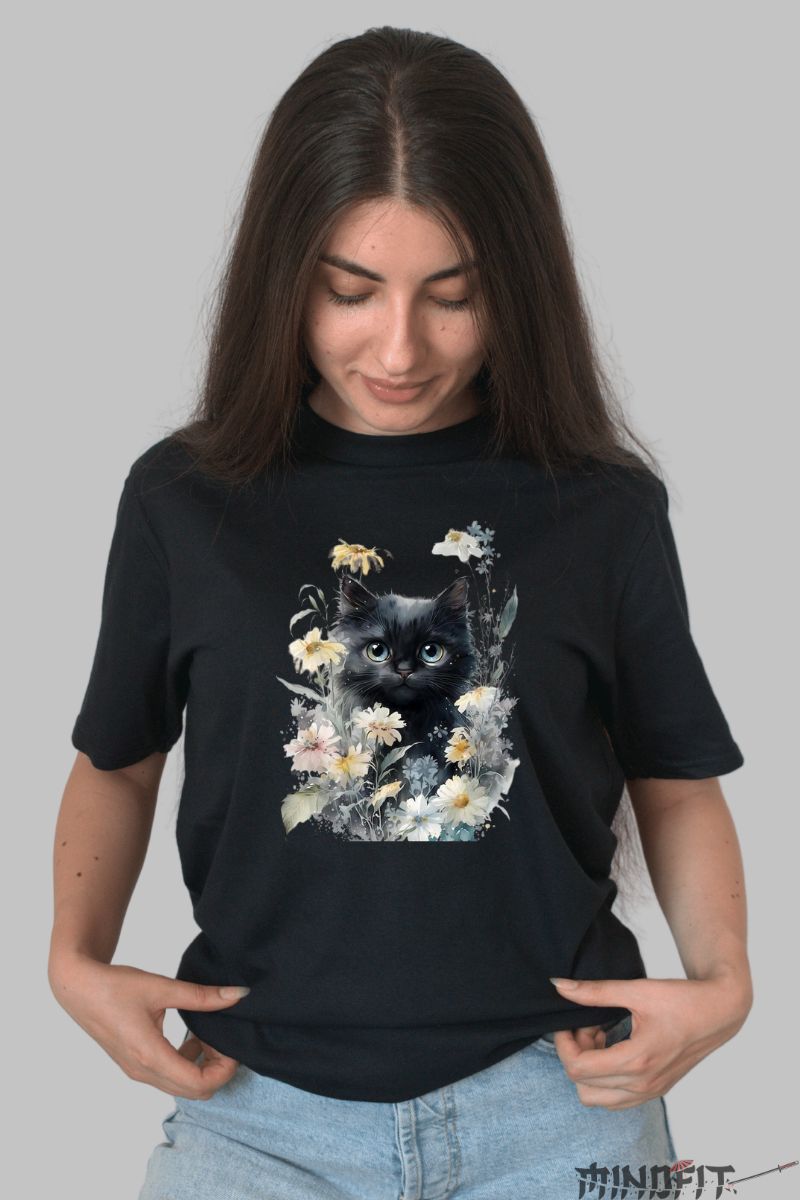 Tricou Pisica Neagra Draguta dama negru fata