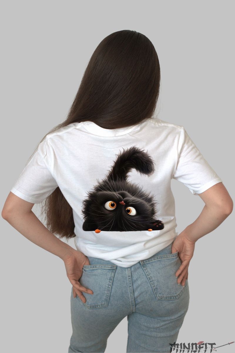Tricou Pisica Neagra Pufoasa dama alb spate