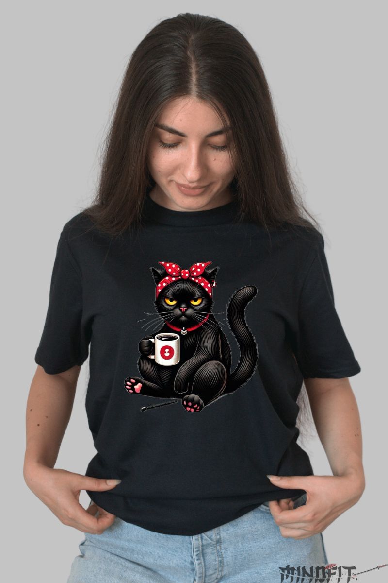 Tricou Pisica Neagra Suparata dama negru fata
