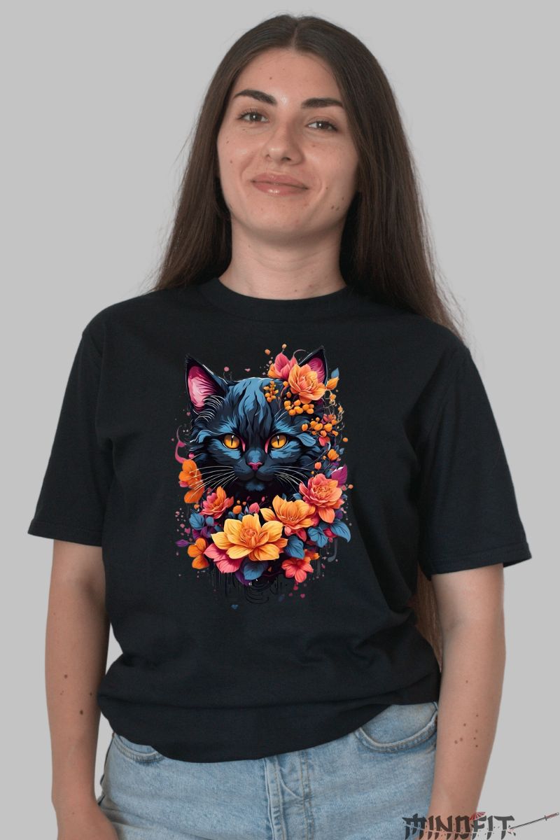 Tricou Pisica Neagra Viu Colorata dama negru fata