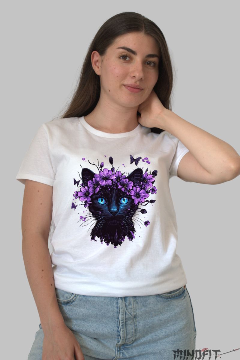 Tricou Pisica Neagra cu Flori dama alb fata