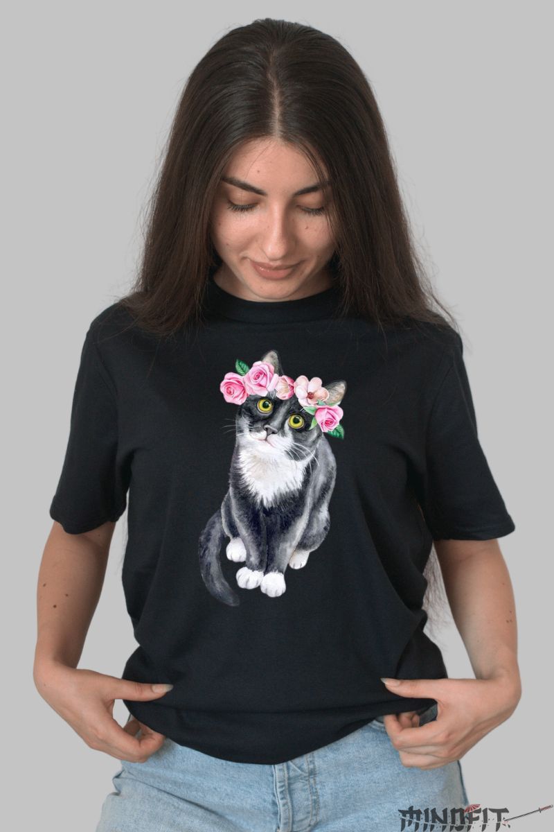 Tricou Pisica Neagra si Trandafiri dama negru fata