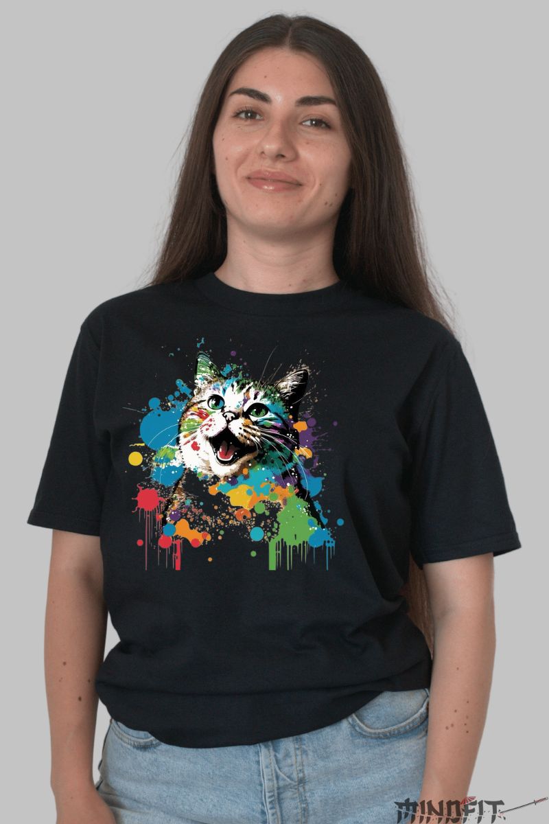 Tricou Pisica Rainbow Mood dama negru fata