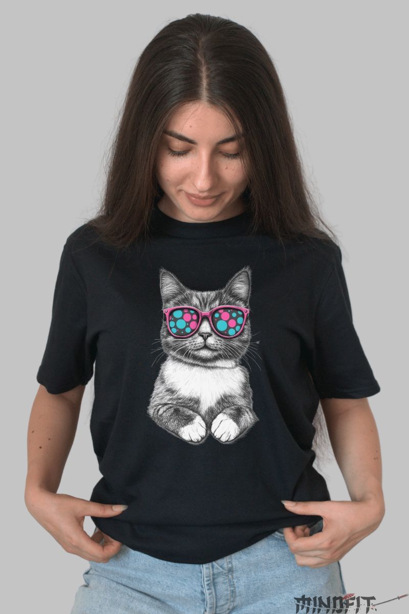 Tricou Pisica cu Ochelari Roz dama negru fata