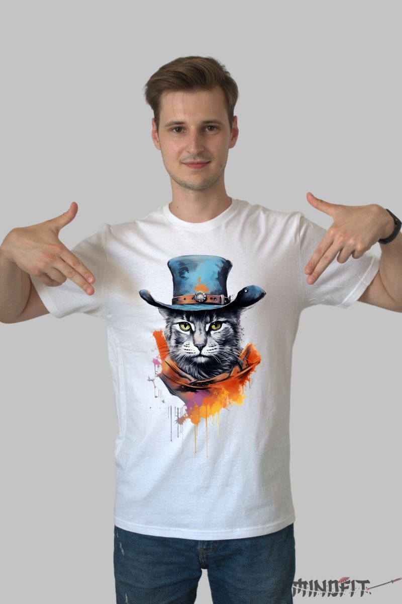 Tricou Pisica cu Palarie Albastra barbat alb fata