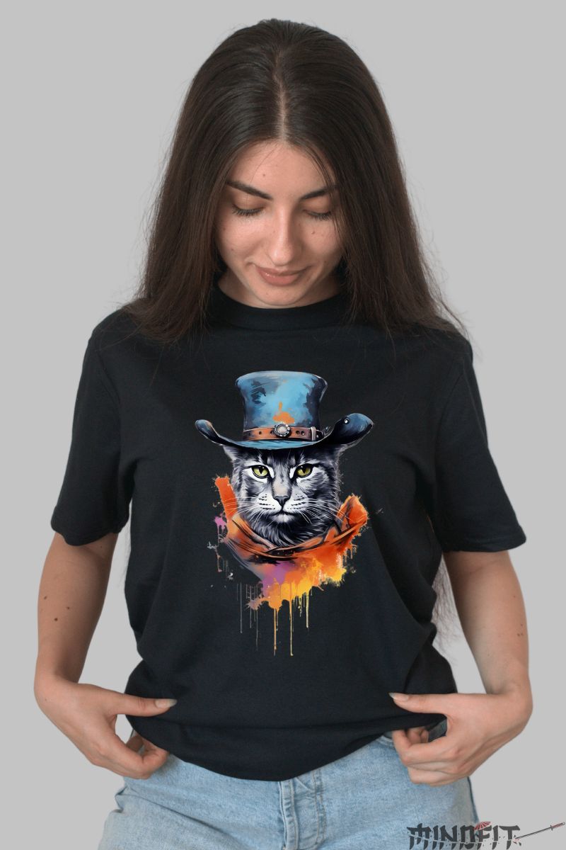 Tricou Pisica cu Palarie Albastra dama negru fata