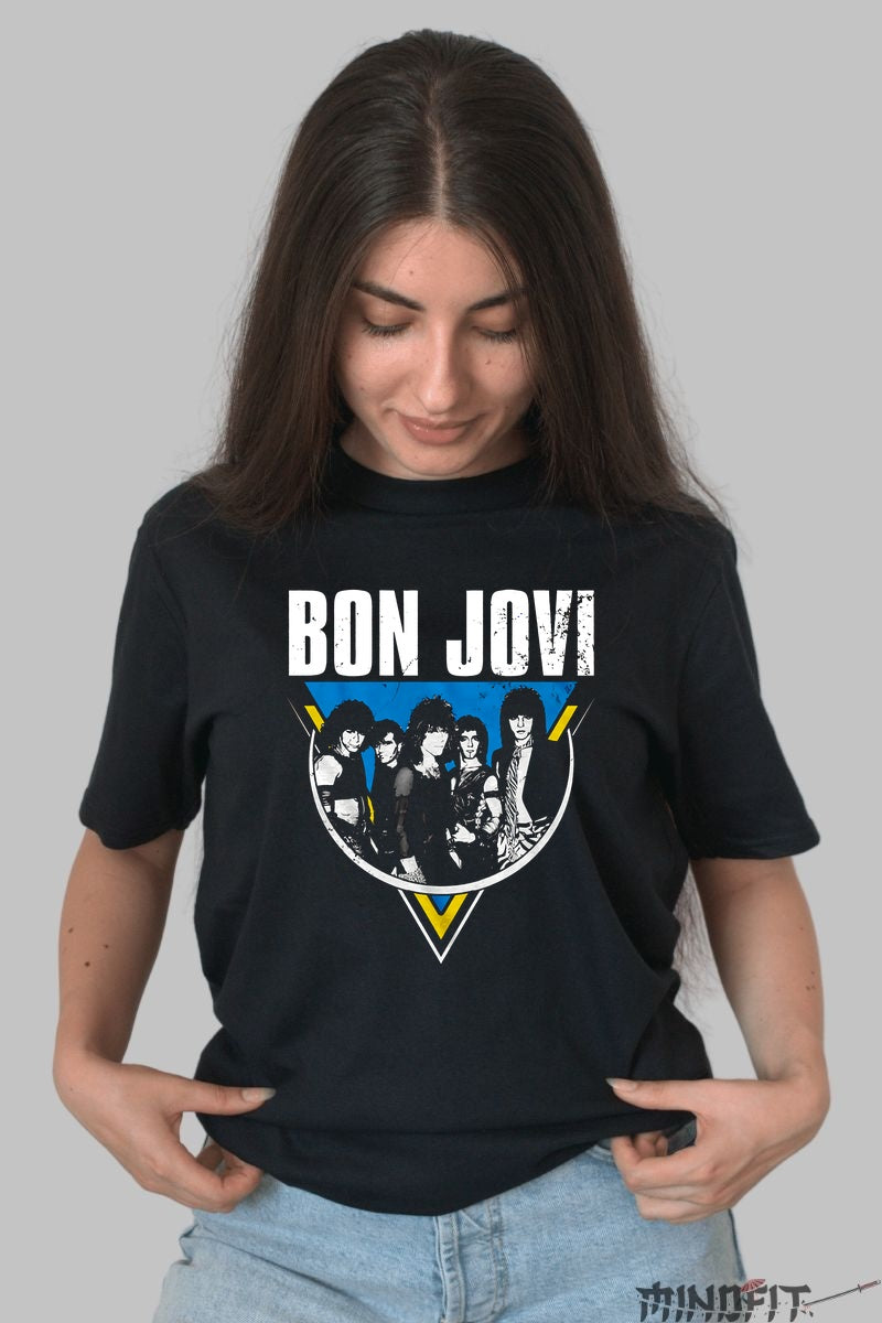 Tricou Rock Bon Jovi Band Portrait Retro dama negru