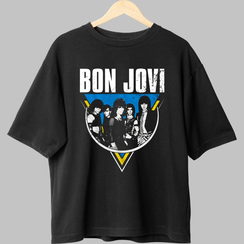 Tricou Rock Bon Jovi Band Portrait Retro fata negru
