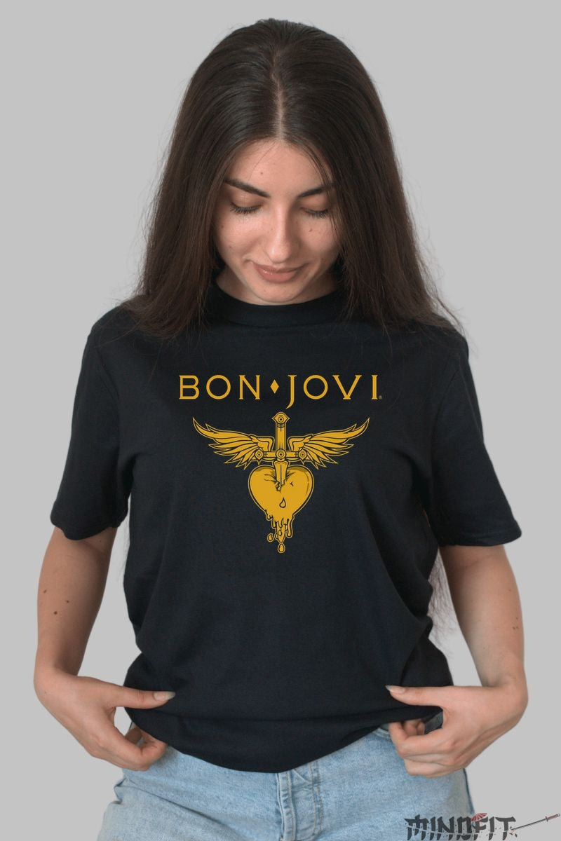 Tricou Rock Bon Jovi Heart Dagger Gold dama negru