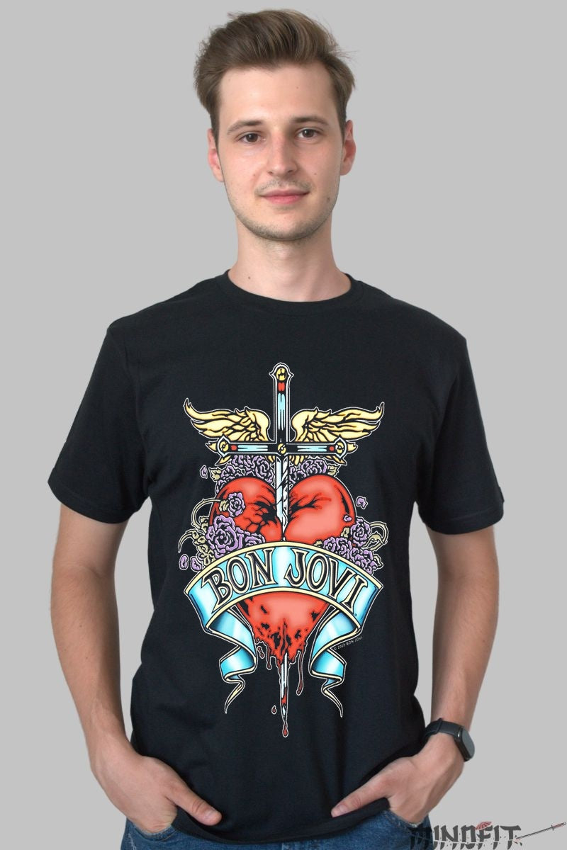 Tricou Rock Bon Jovi Heart Roses Iconic barbat negru