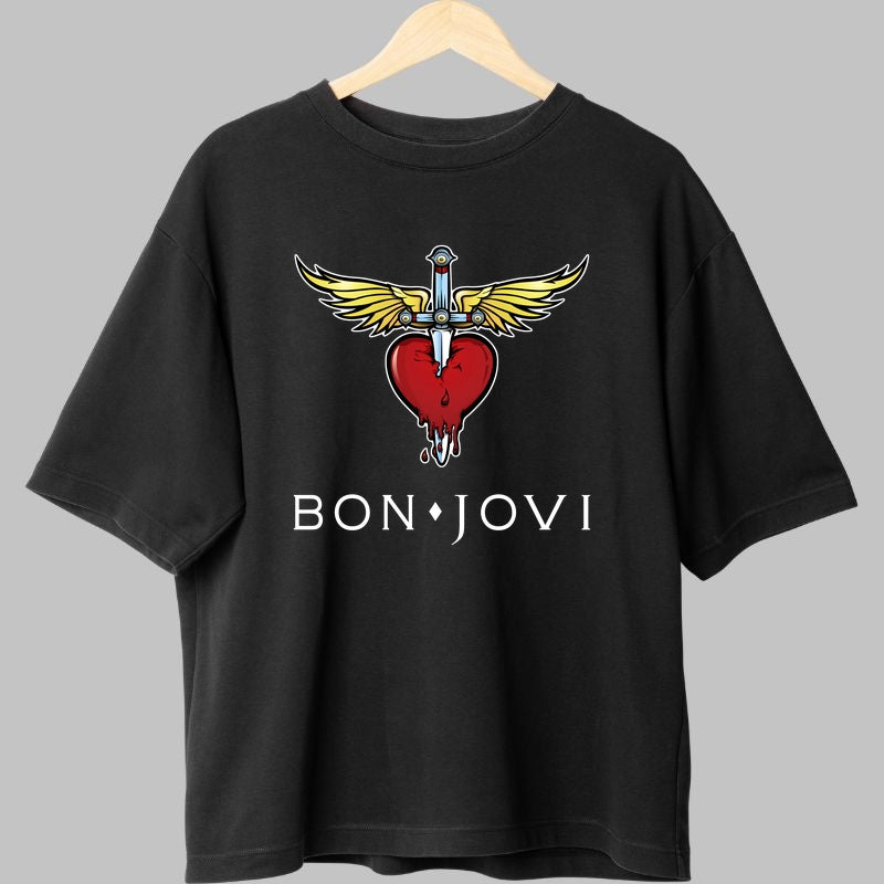 Tricou Rock Bon Jovi Heart Wings Emblem fata negru