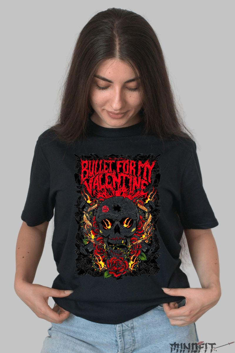 Tricou Rock Bullet For My Valentine Flaming Skull dama negru