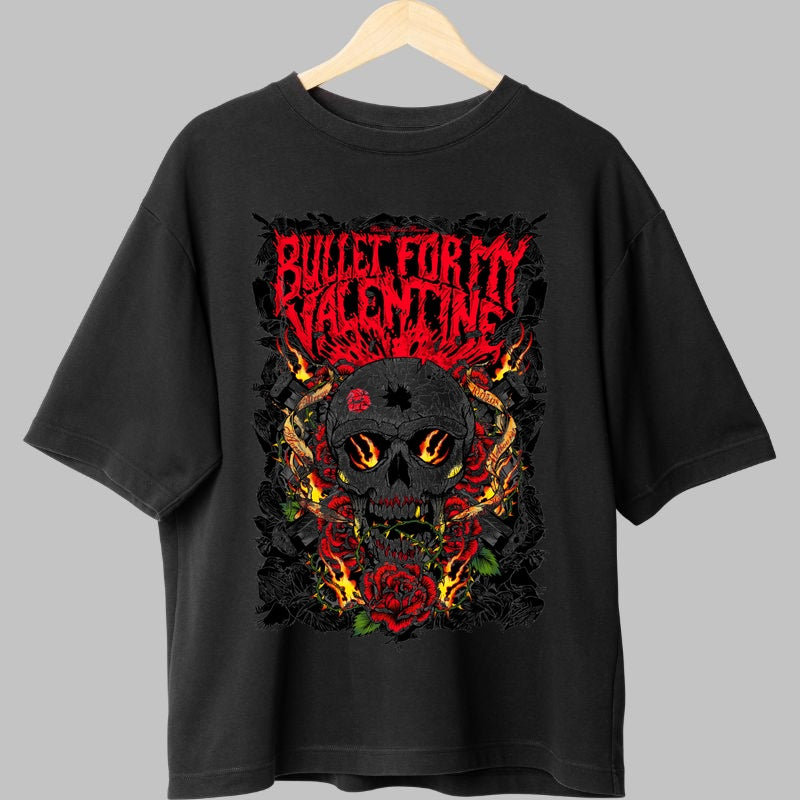 Tricou Rock Bullet For My Valentine Flaming Skull fata negru