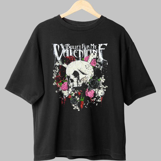 Tricou Rock Bullet For My Valentine Skull Flowers fata negru