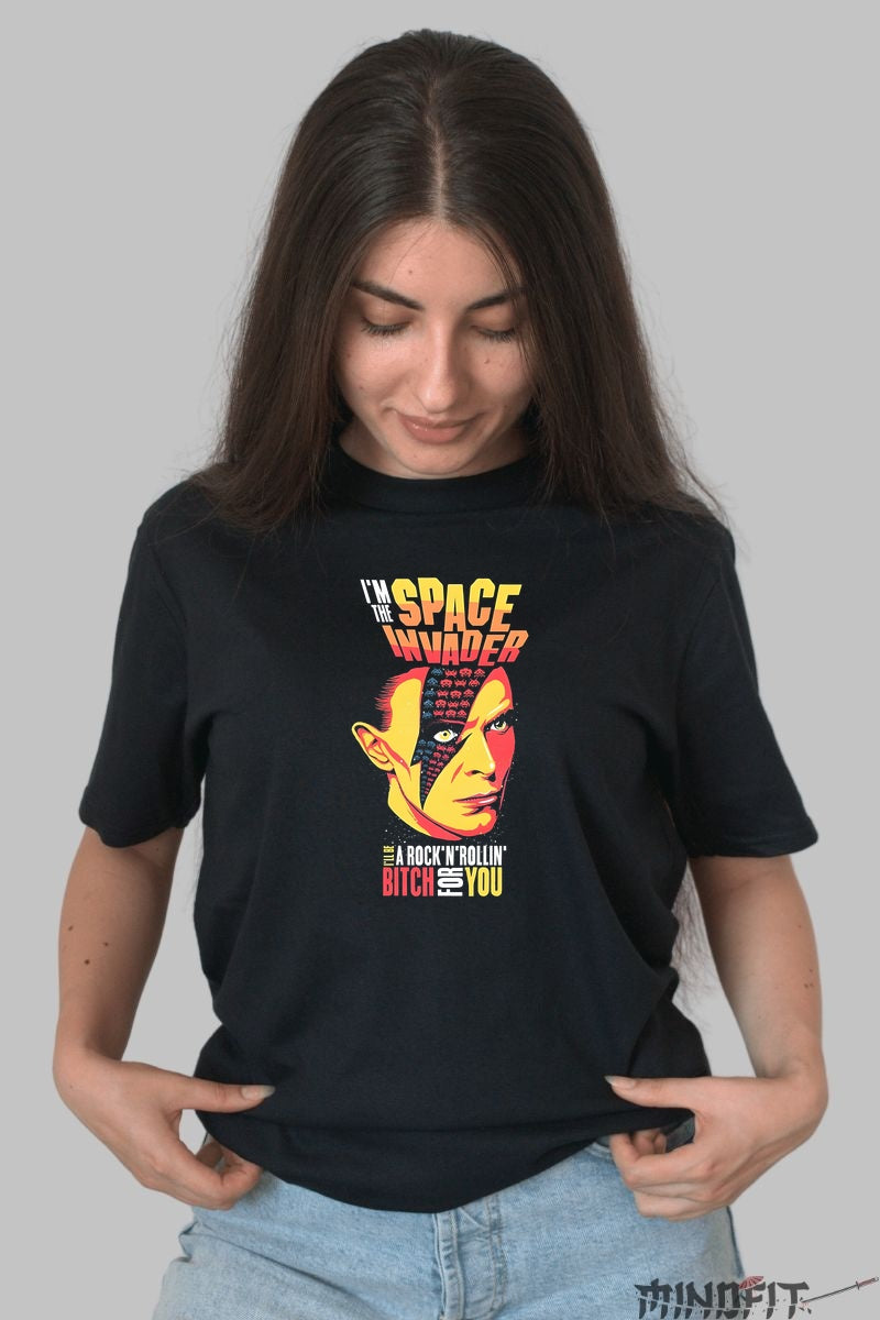 Tricou Rock David Bowie Space Invader dama negru