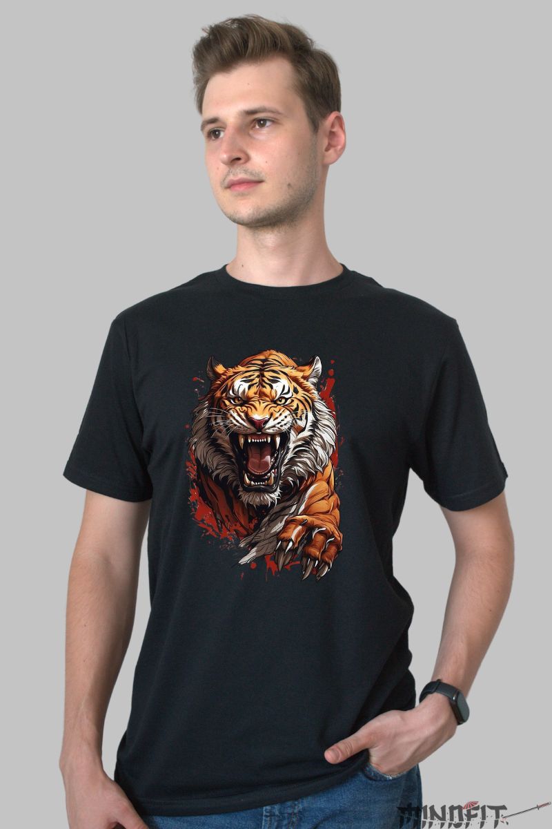 Tricou Tigru Feroce barbat negru fata