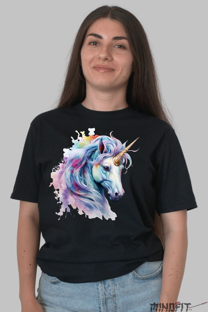 Tricou Unicorn Multicolor dama negru fata
