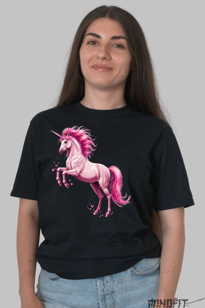 Tricou Unicorn Roz dama negru fata