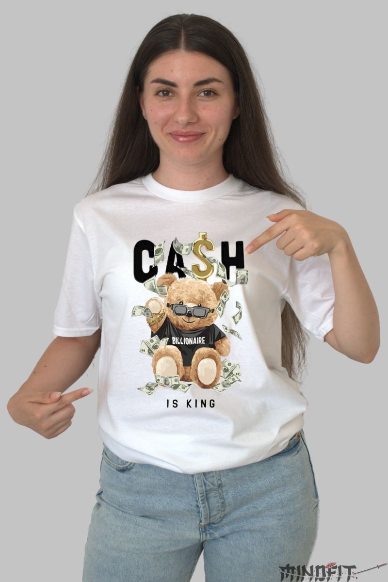 Tricou Ursulet de Plus cu Cash dama alb fata 1