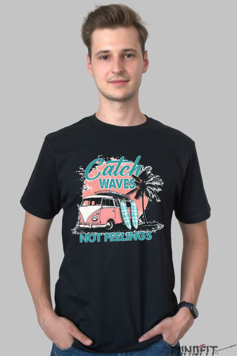 Tricou Vara Catch Waves Not Feelings barbat negru fata