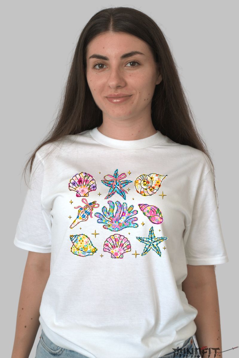 Tricou Vara cu Scoici Multicolore dama alb fata