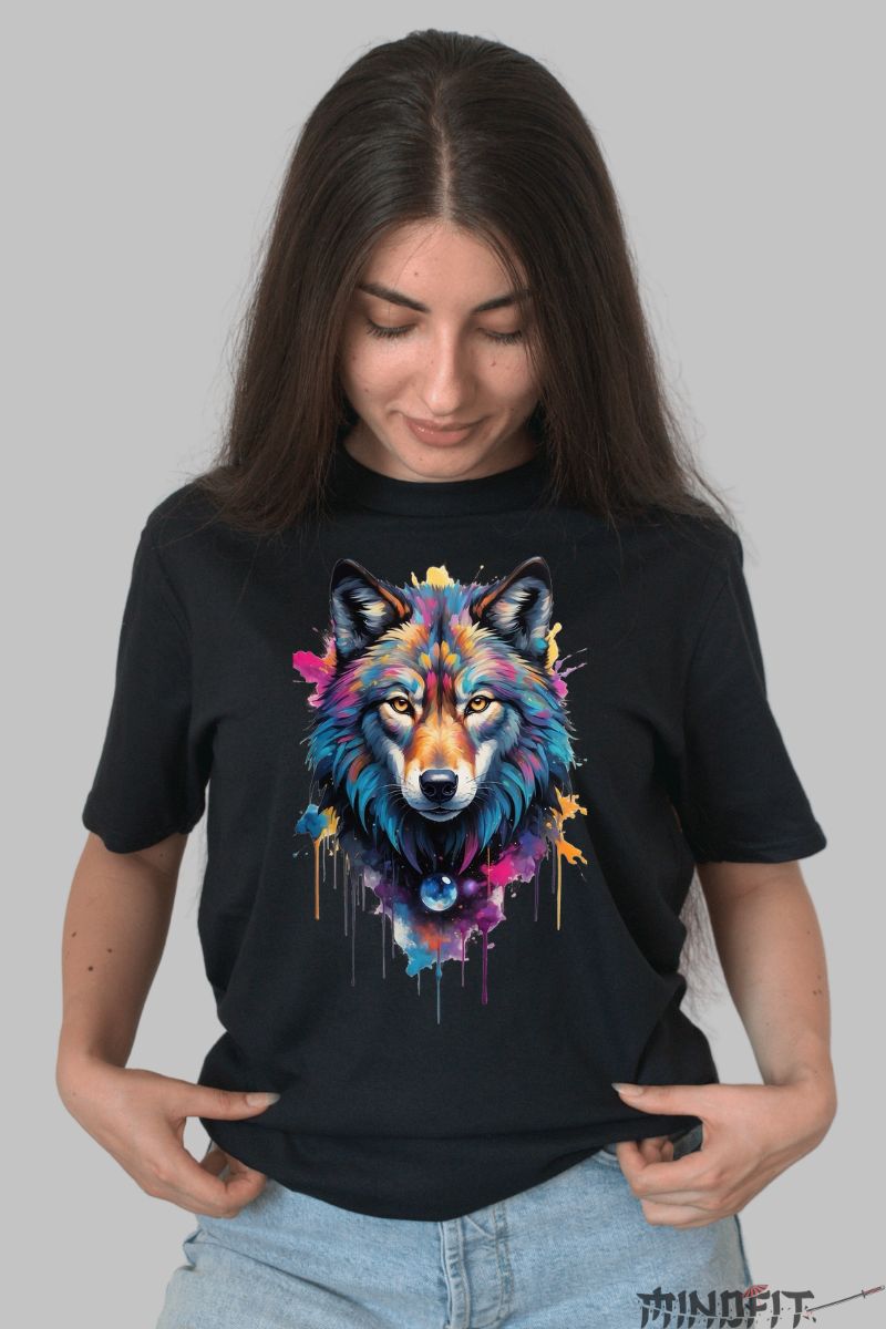 Tricou cu Lup Multicolor dama negru fata