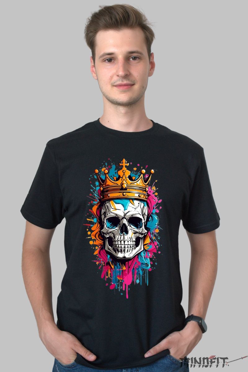Tricou cu Aplicatii Craniu cu Coroana barbat negru fata
