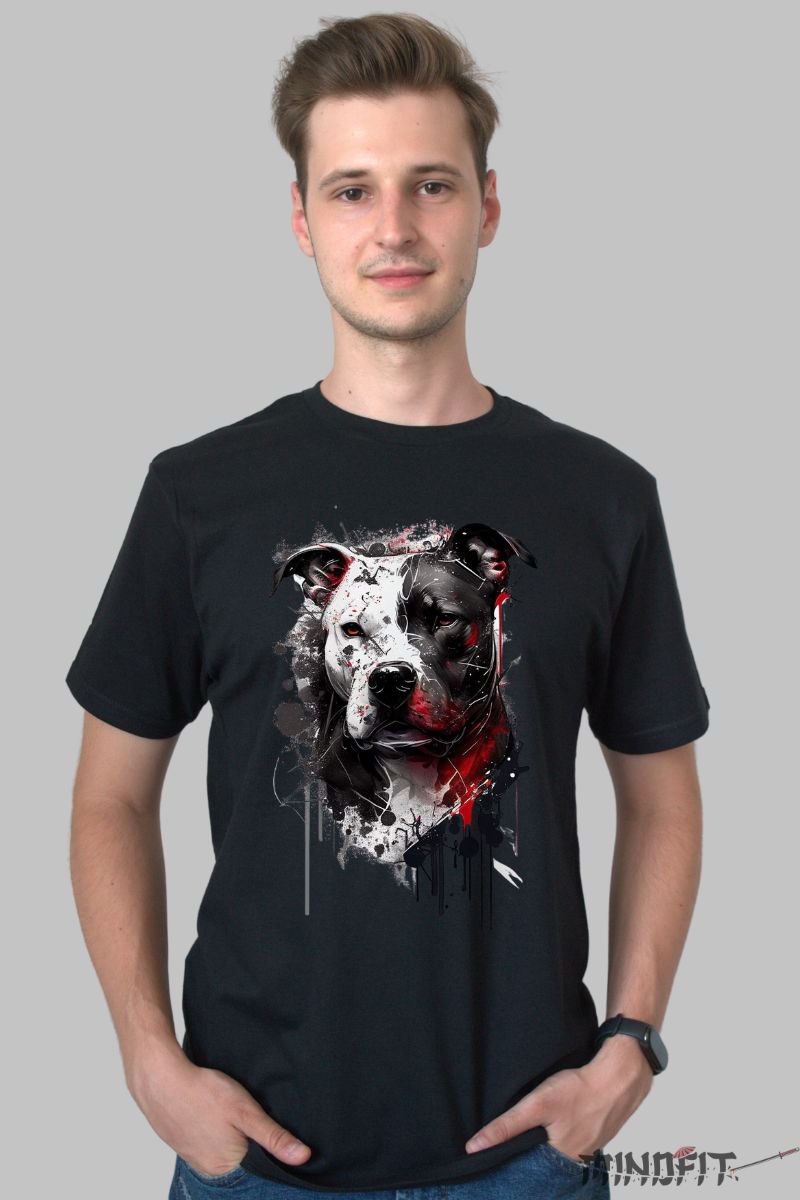 Tricou cu Aplicatii Caine Pit Bull barbat negru fata