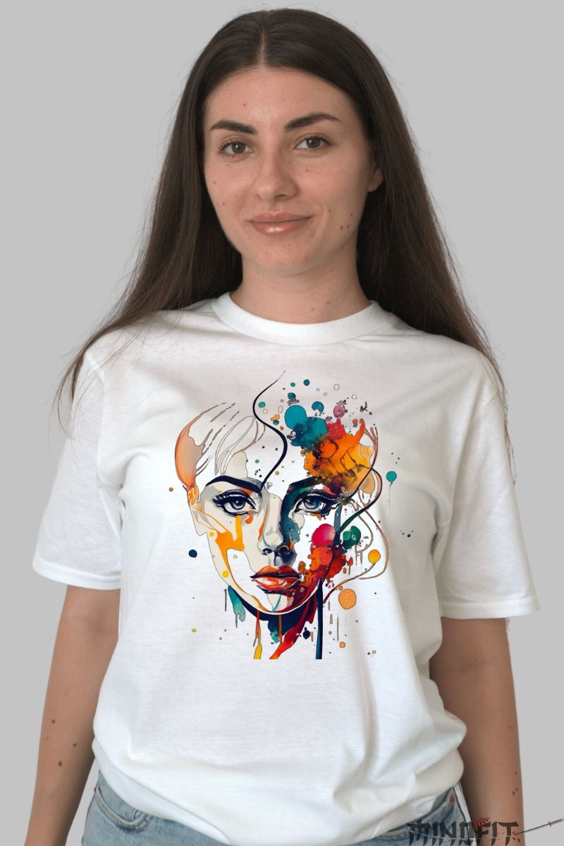 Tricou cu Aplicatii Color Splash dama alb fata