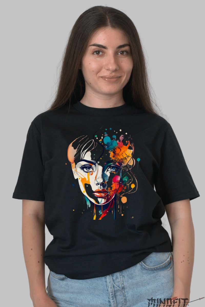Tricou cu Aplicatii Color Splash dama negru fata