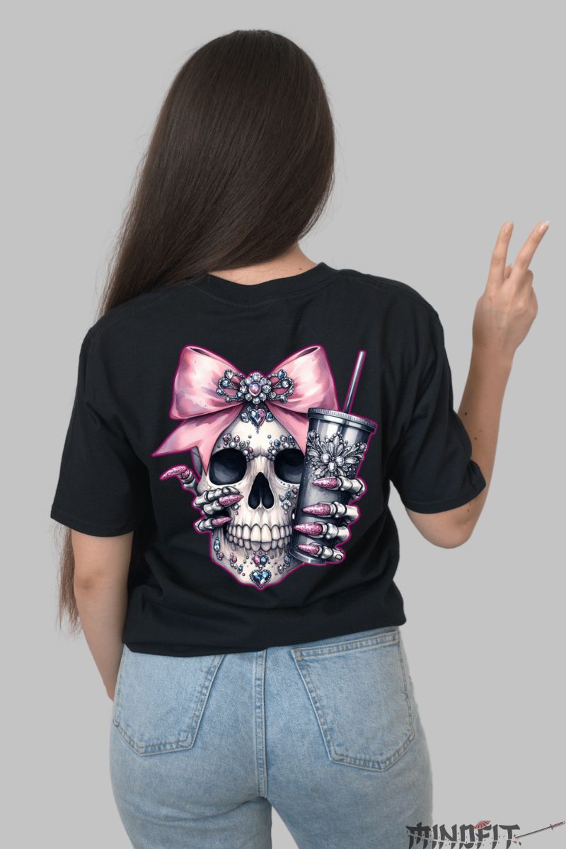 Tricou cu Aplicatii Craniu cu Cristale dama negru spate