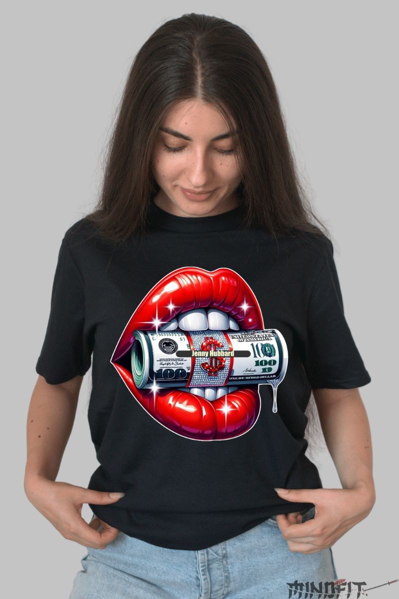 Tricou cu Aplicatii Dama Buze Rosii dama negru fata