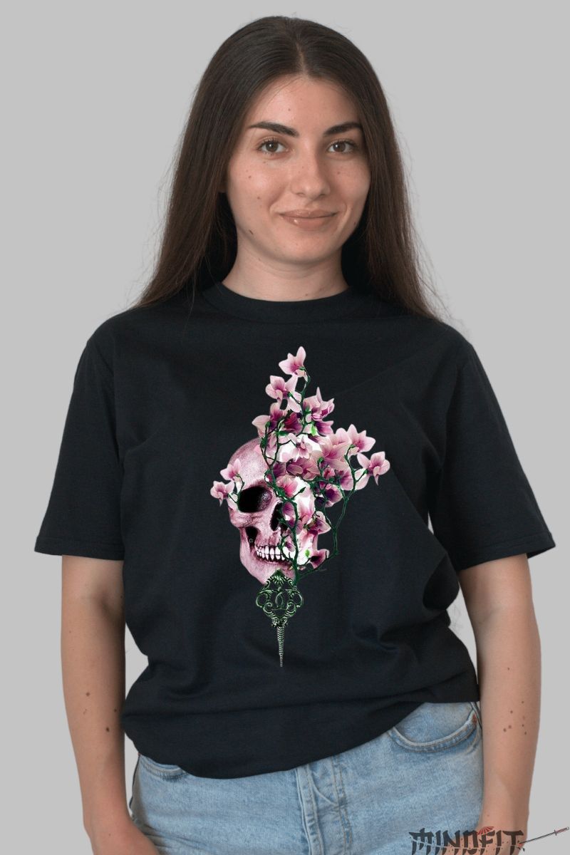 Tricou cu Aplicatii Pink Skull dama negru fata
