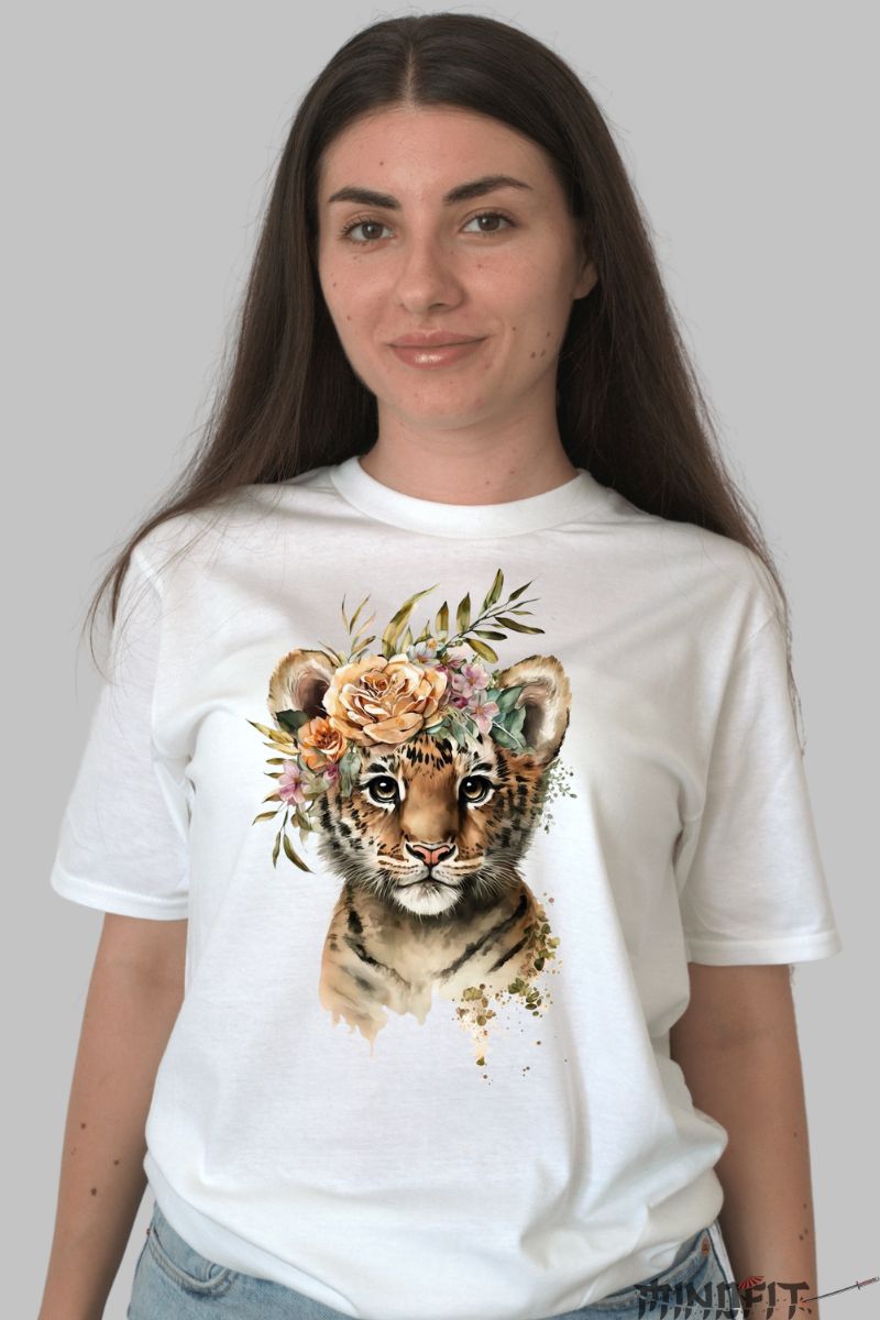 Tricou cu Tigru Pui dama alb fata