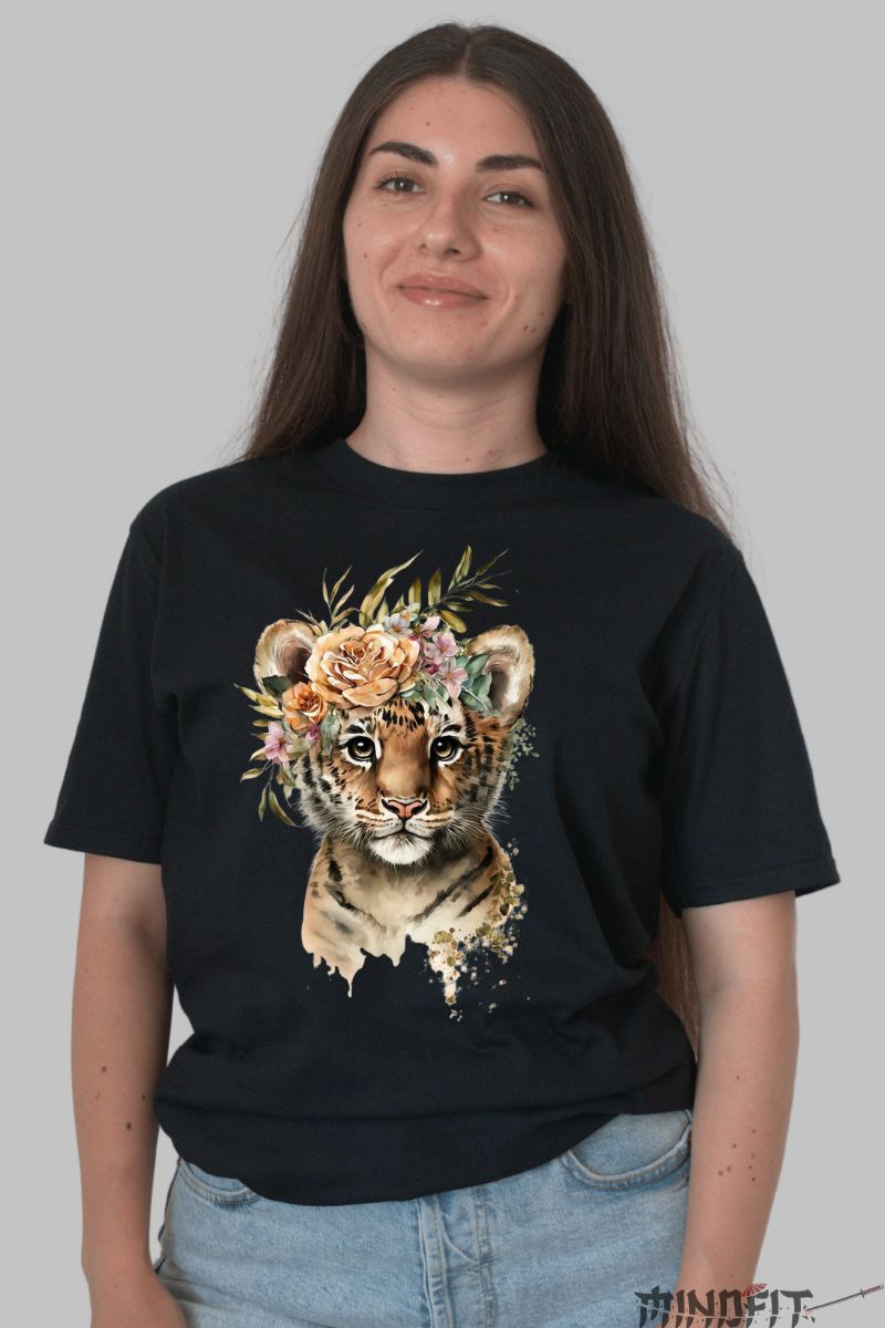 Tricou cu Tigru Pui dama negru fata