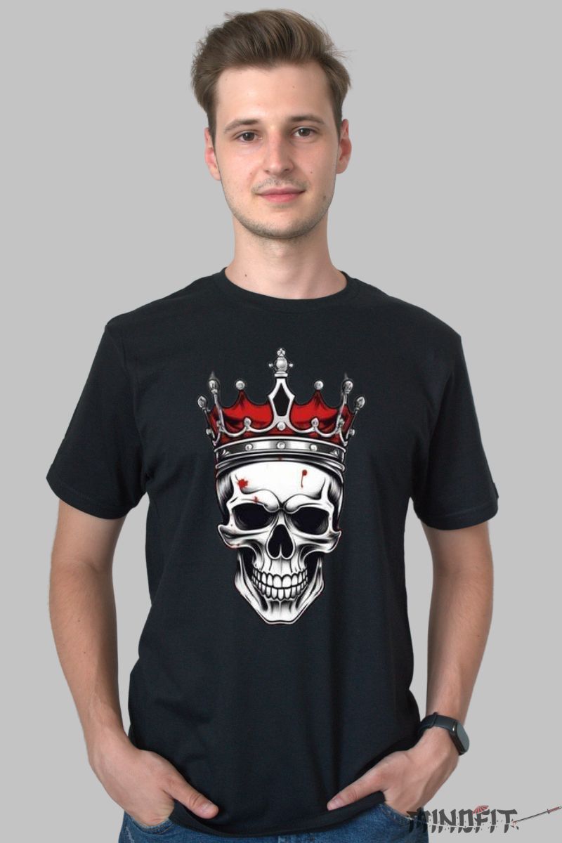 Tricou cu Aplicatii Skull King barbat negru fata