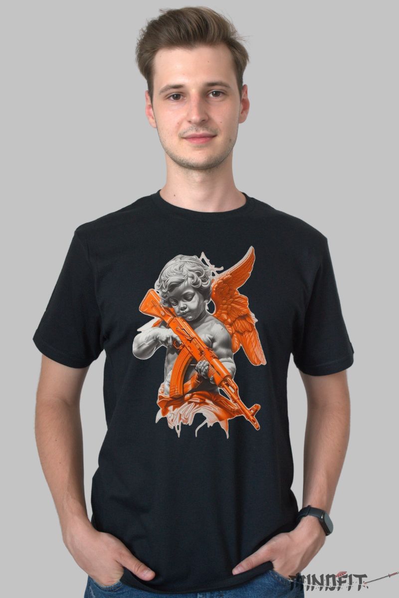 Tricou cu Aplicatii "Angel Warrior" barbat negru fata