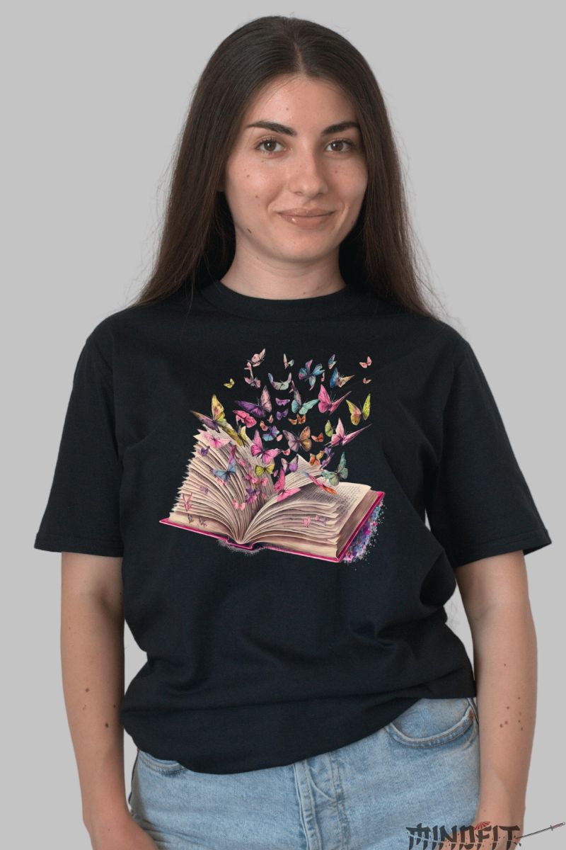 Tricou cu Aplicatii "Book & Butterflies" dama negru fata