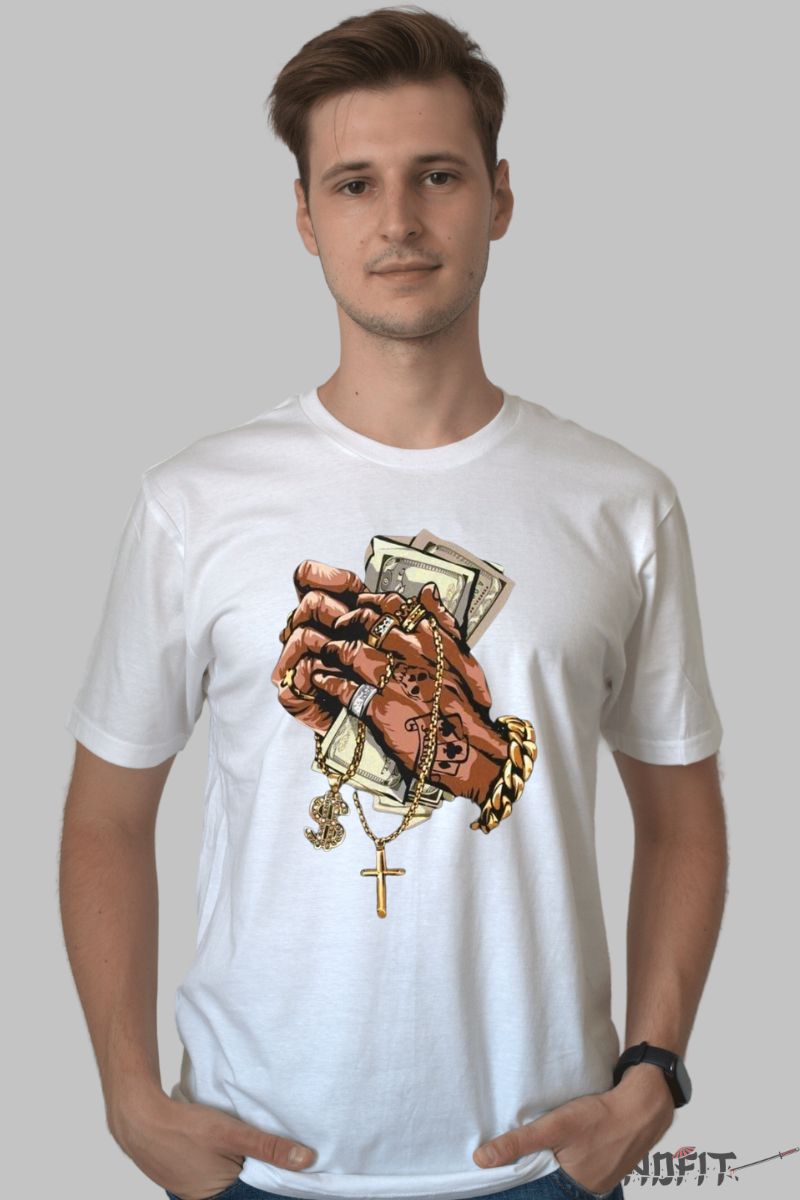 Tricou cu Aplicatii "Cash Rules" barbat alb fata