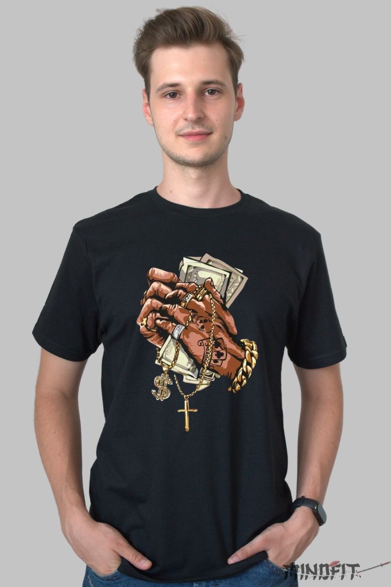 Tricou cu Aplicatii "Cash Rules" barbat negru fata