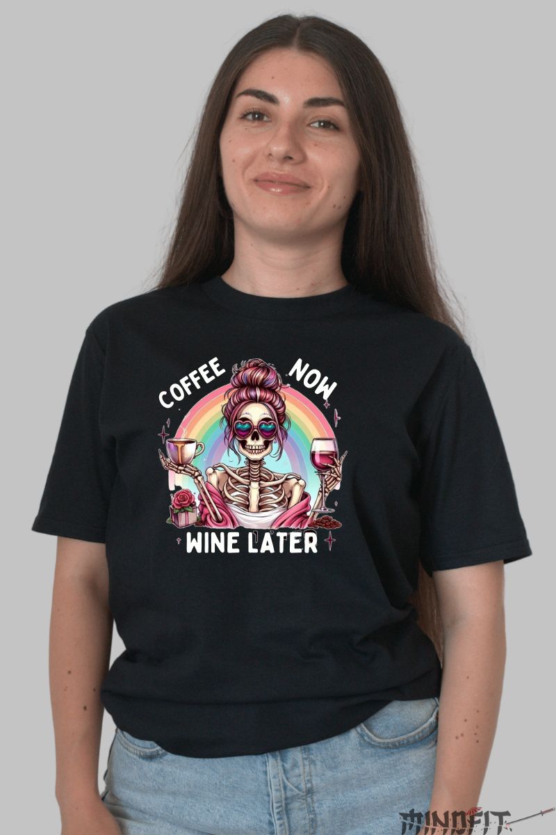 Tricou cu Aplicatii "Coffee Now" dama negru fata