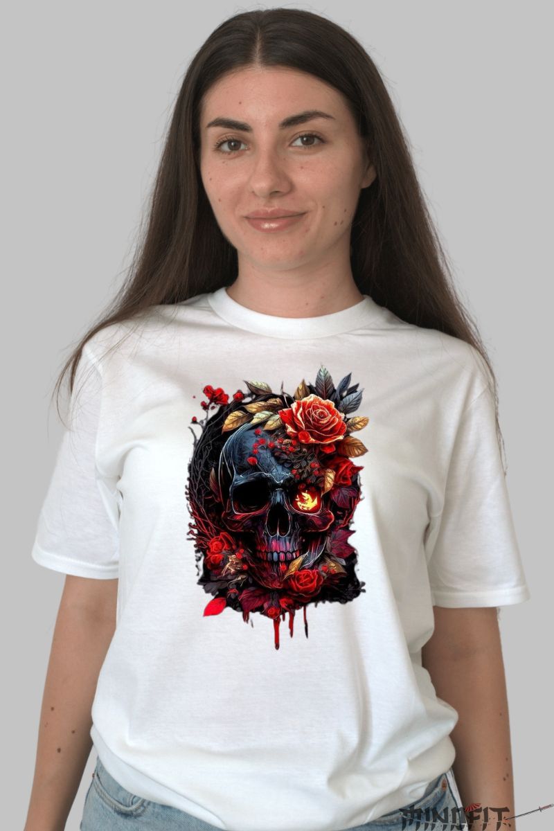Tricou cu Aplicatii "Dark Bloom" dama alb fata