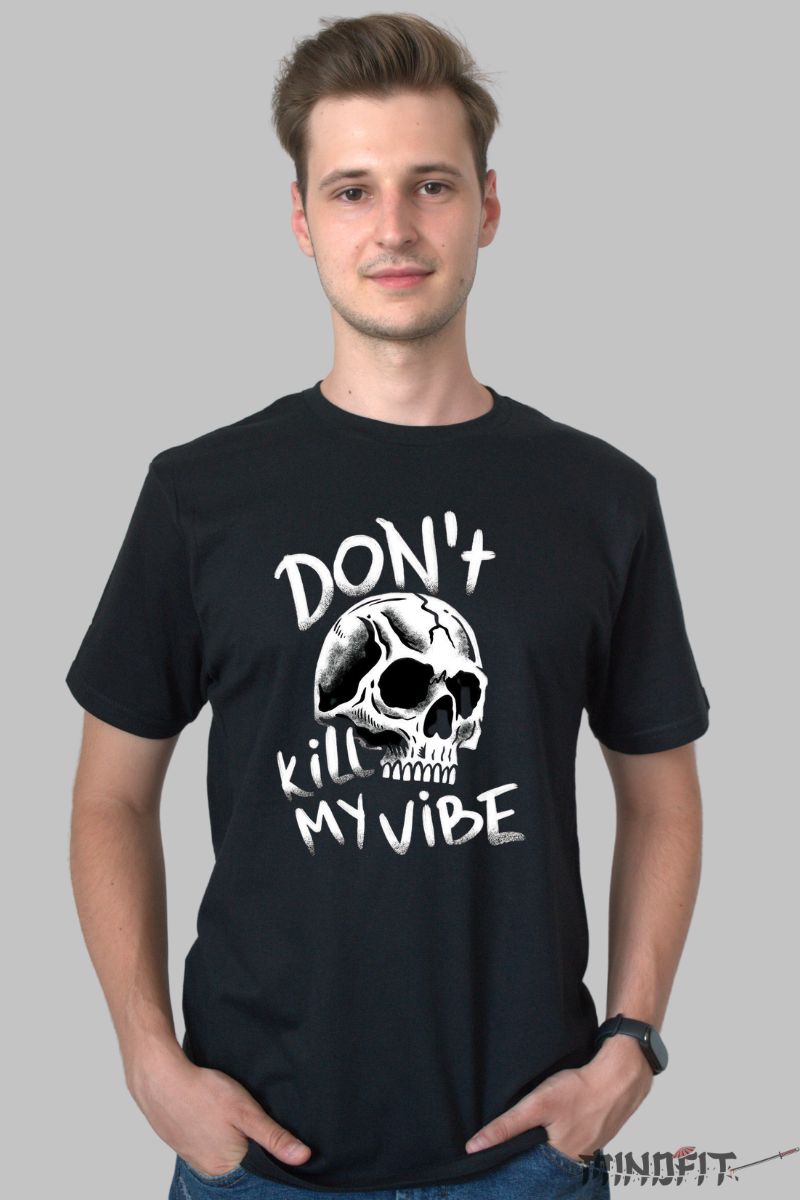 Tricou cu Aplicatii "Don't Kill My Vibe" barbat negru fata