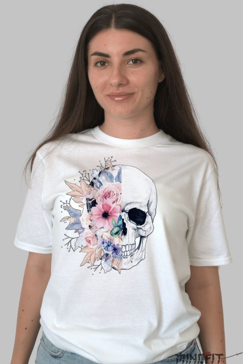 Tricou cu Aplicatii "Floral Skull" dama alb fata