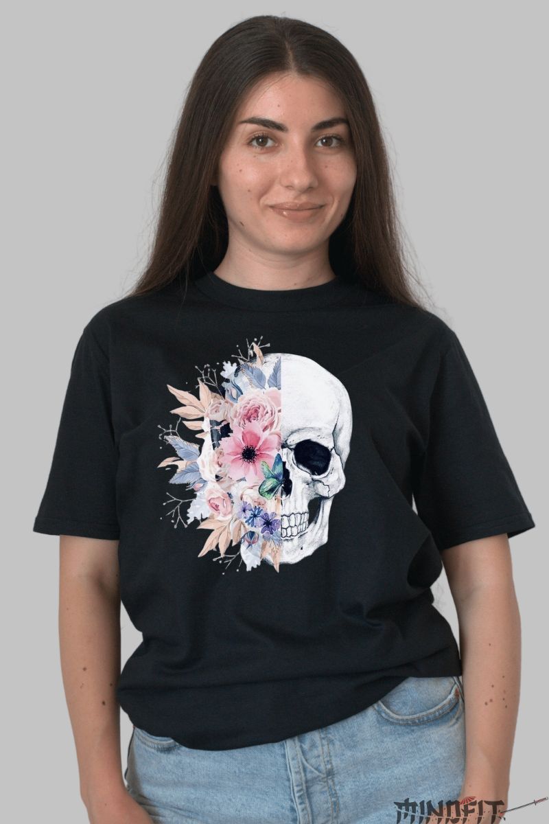 Tricou cu Aplicatii "Floral Skull" dama negru fata