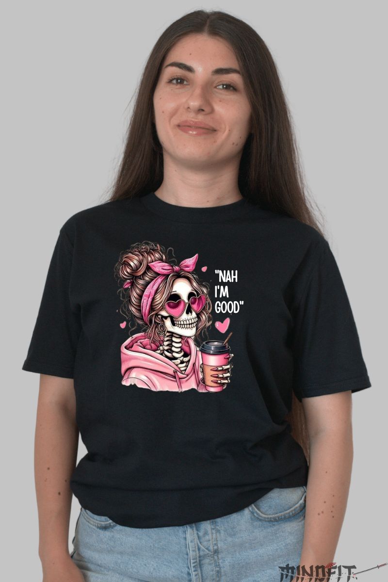 Tricou cu Aplicatii "I'm Good" dama negru fata