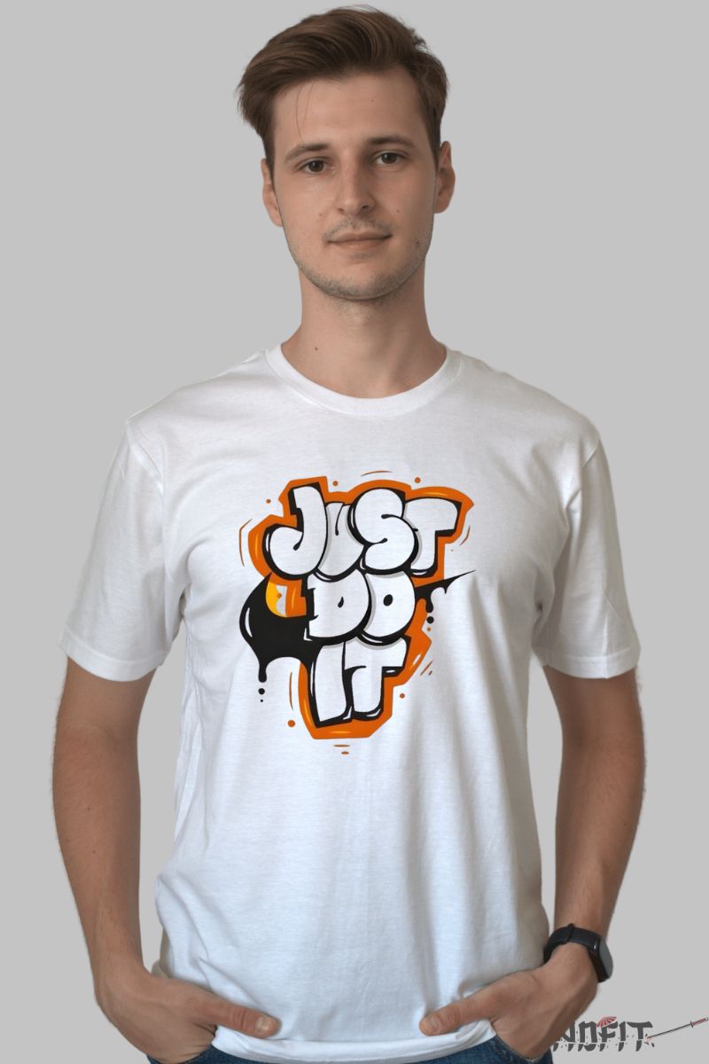 Tricou cu Aplicatii "Just do it" barbat alb fata
