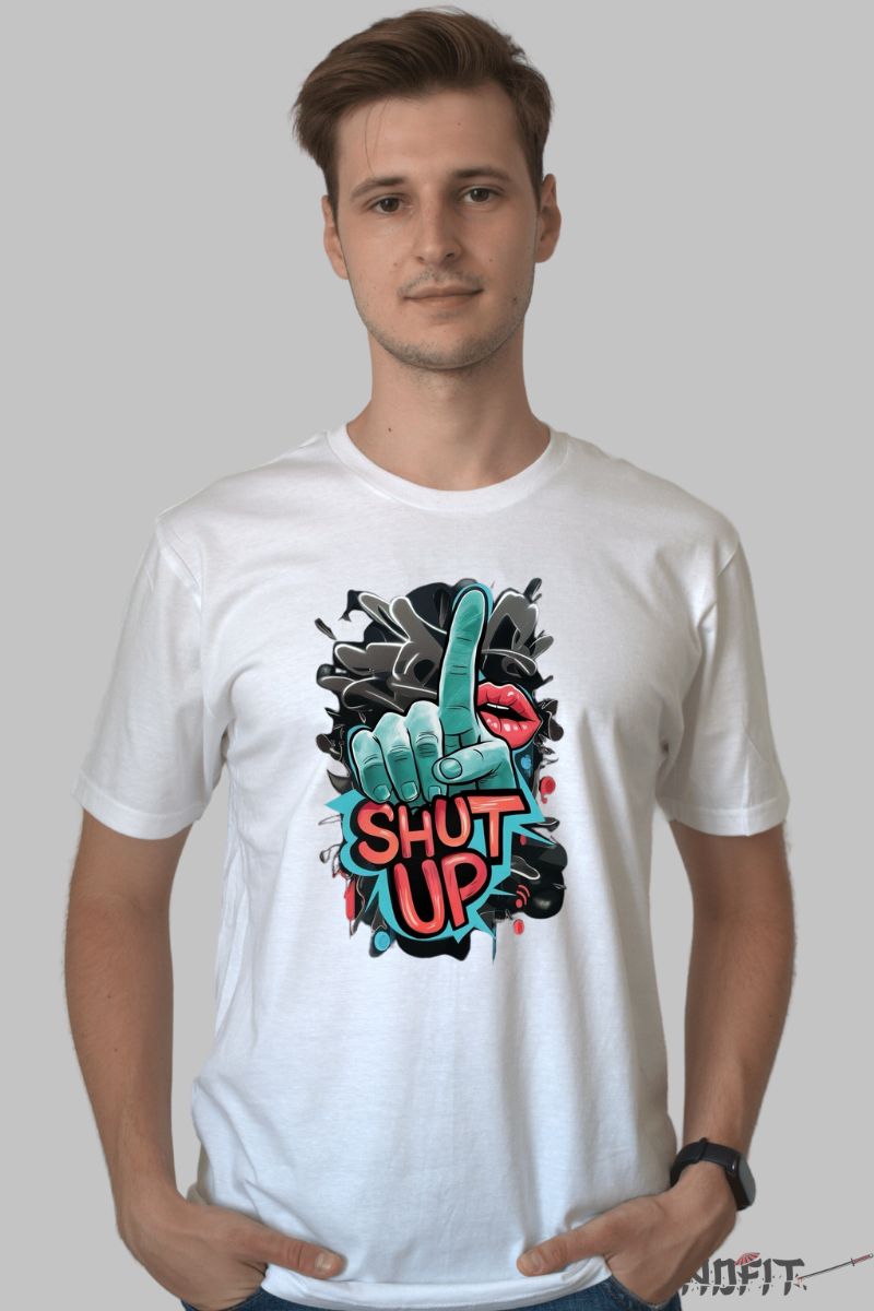 Tricou cu Aplicatii "SHUT UP" barbat alb fata
